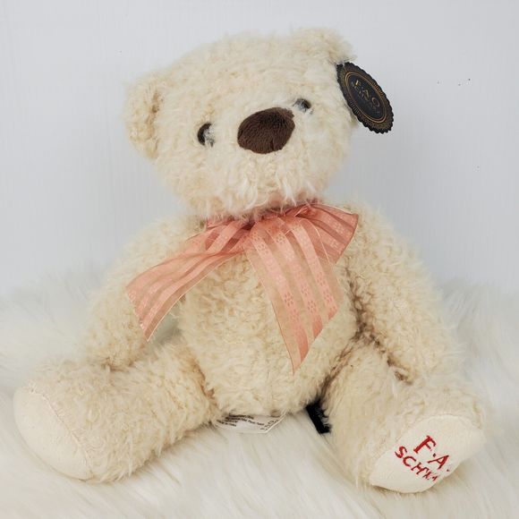 Fao Schwarz Cream Fuzzy Peach Striped Bow Teddy Bear Plush 9.5" NWT - Picture 2 of 14